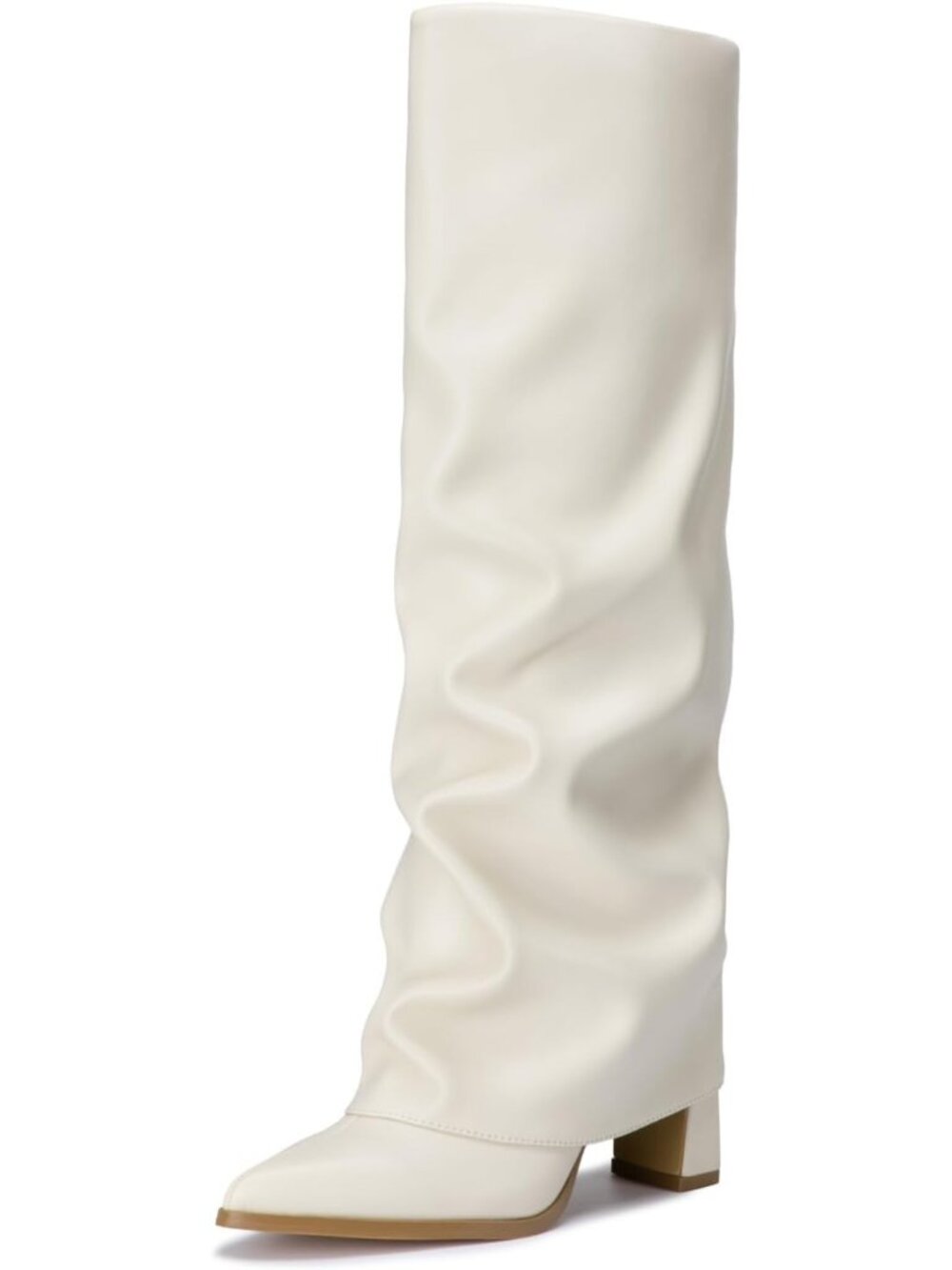 Women's Beige Chunky Fold Over Tall Boots PU Leather 3.17" High Heel Pointed Toe